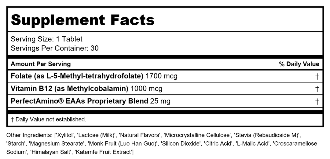 Methyl B12 &amp; Folate by BodyHealth - Supplement Facts panel
