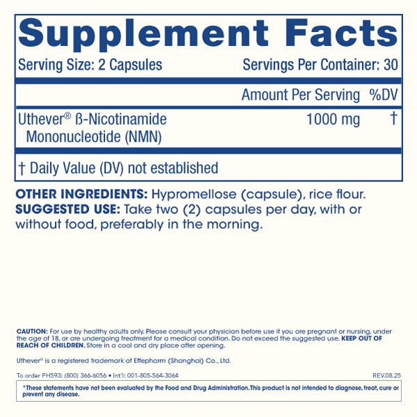 NMN Pro 1000 by ProHealth - Uthever NMN, 1000 mg per serving, 60 capsules - Supplement Facts panel