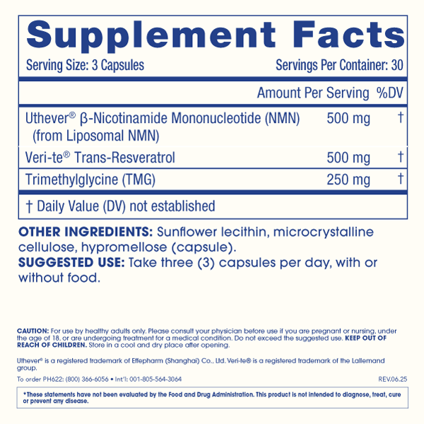 Liposomal NMN Pro Complete by ProHealth - Lipo Uthever NMN, Trans-Resveratrol, TMG, 90 capsules - Supplement Facts panel