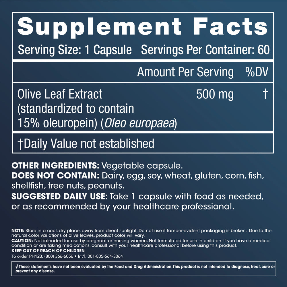 Olive Leaf Extract by ProHealth - 15% Oleuropein - 500 mg, 60 capsules - Supplement Facts panel