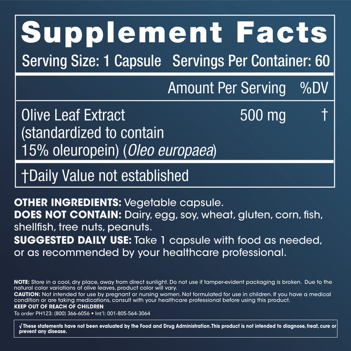 Olive Leaf Extract by ProHealth - 15% Oleuropein - 500 mg, 60 capsules - Supplement Facts panel