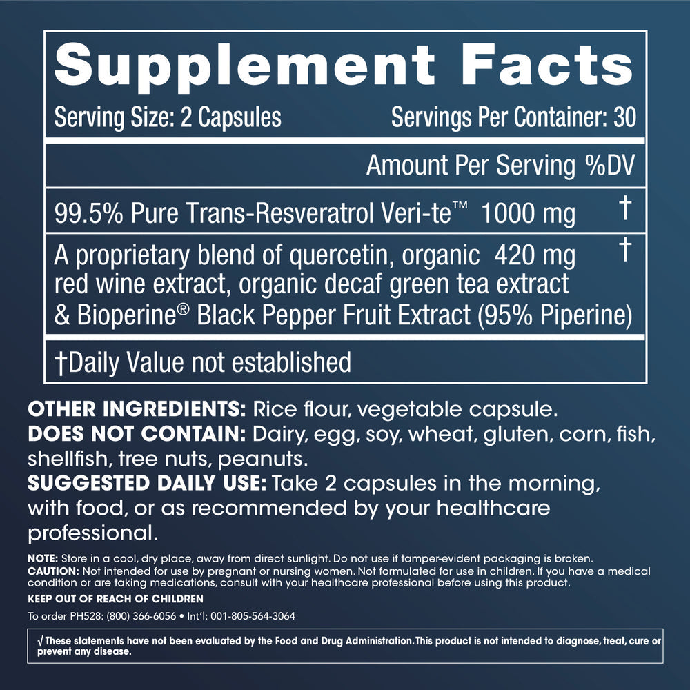 Trans-Resveratrol Plus by ProHealth - 1000 mg per serving, 60 capsules - Supplement Facts panel