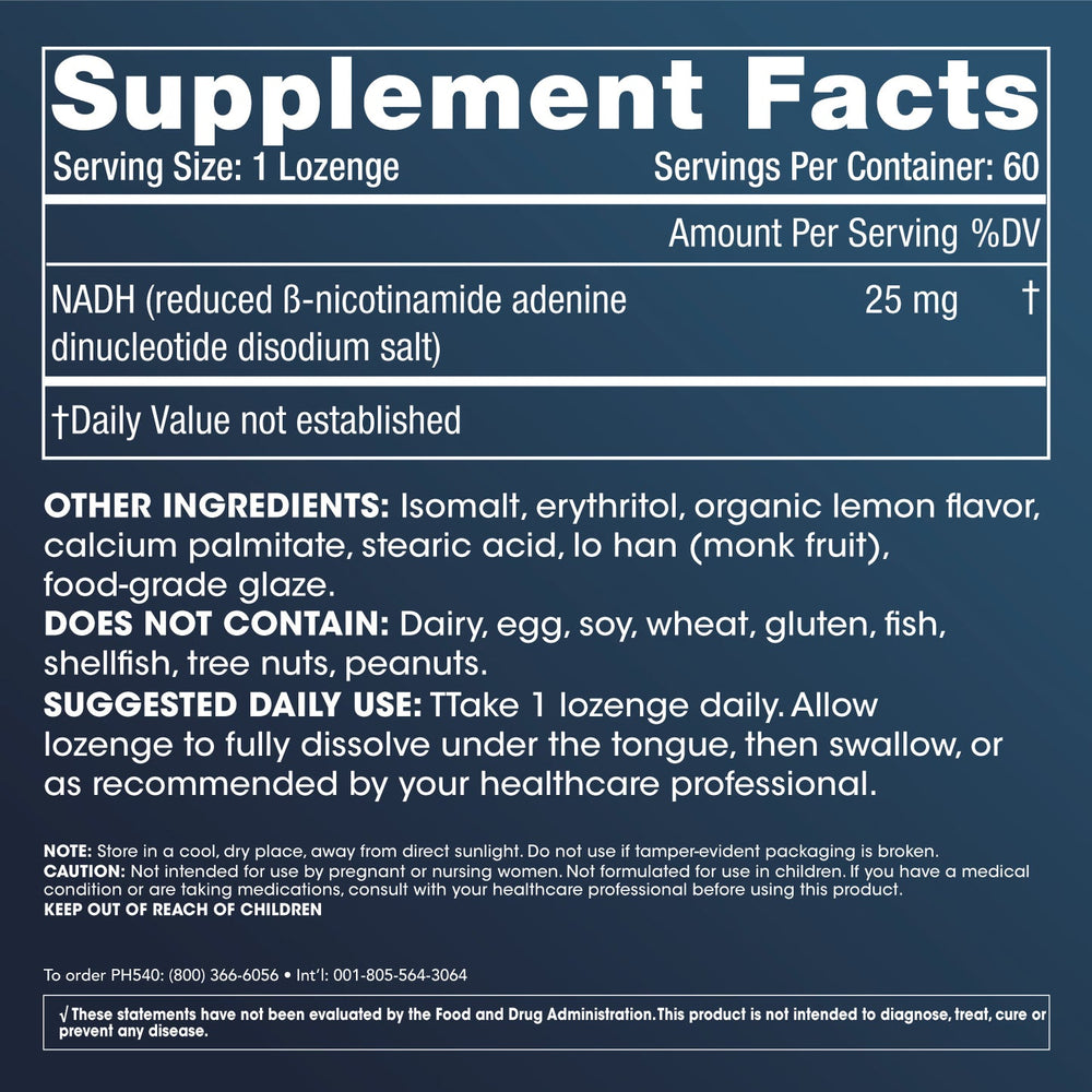 NADH Pro by ProHealth - 25 mg, 60 Lozenges - Supplement Facts panel