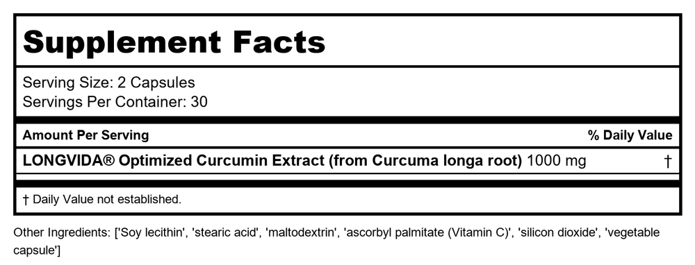 Optimized Curcumin by ProHealth for Body and Joint - 60 capsules - Supplement Facts panel
