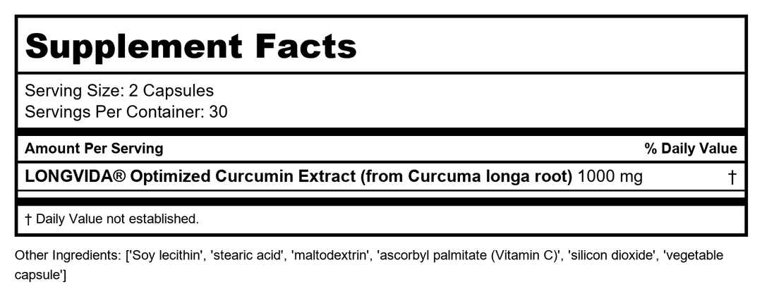 Optimized Curcumin by ProHealth for Body and Joint - 60 capsules - Supplement Facts panel