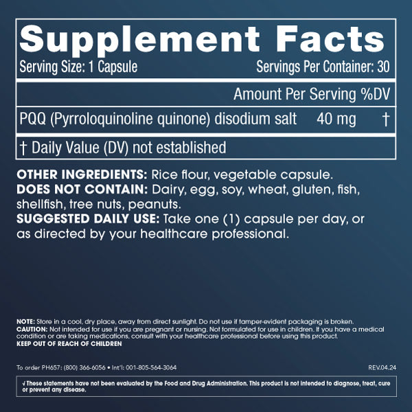 Pure PQQ by ProHealth - 40 mg, 30 capsules - Supplement Facts panel
