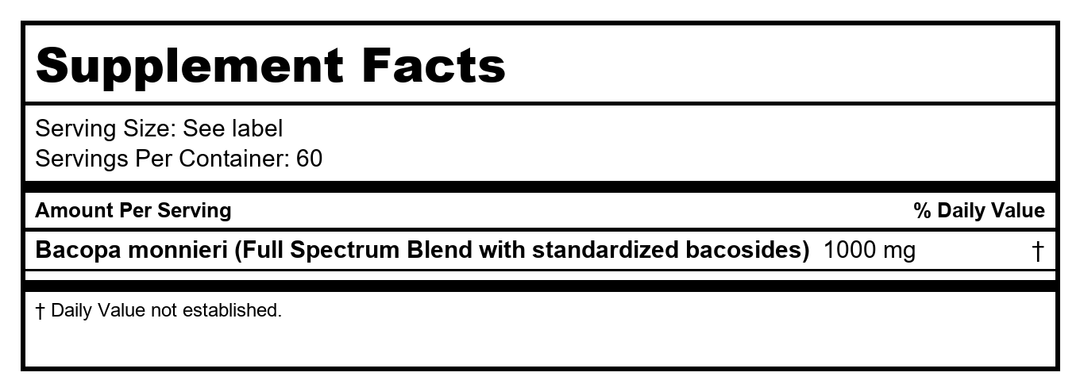 Full Spectrum Bacopa by ProHealth - 1000mg, 60 capsules - Supplement Facts panel