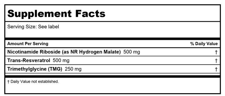 Nicotinamide Riboside Pro Complete  by ProHealth - 500 mg NR Hydrogen Malate + 500 mg Trans-Resveratrol + 250 mg TMG per serving, 60 capsules - Supplement Facts panel
