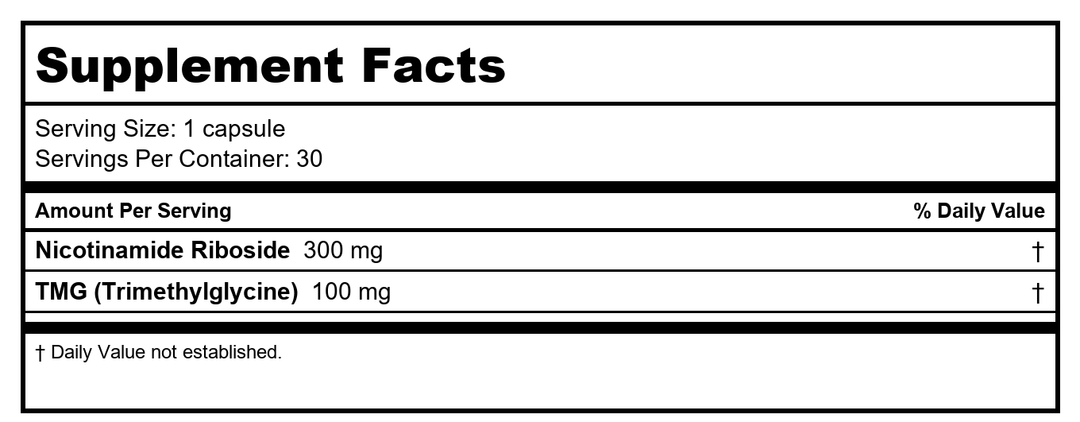 Nicotinamide Riboside Pro 300 by ProHealth + 100 mg TMG per serving - 30 capsules - Supplement Facts panel