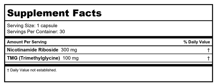 Nicotinamide Riboside Pro 300 by ProHealth + 100 mg TMG per serving - 30 capsules - Supplement Facts panel