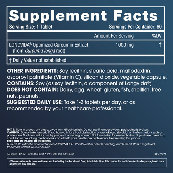 Optimized Curcumin Longvida by ProHealth (1000 mg, 60 tablets) - Supplement Facts panel