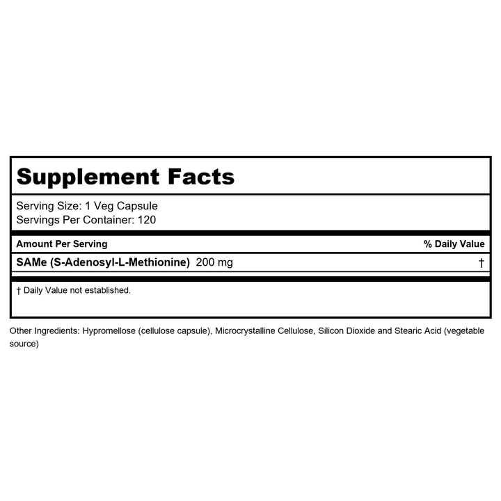 NOW Foods Supplements, SAMe (S-Adenosyl-L-Methionine)200 mg, Nervous System Support*, 120 Veg Capsules - Supplement Facts panel