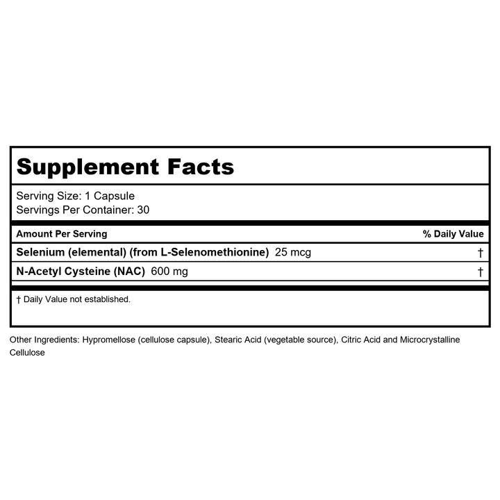 Now Supplements, NAC (N-Acetyl Cysteine) 600 mg with Selenium 30 Capsules - Supplement Facts panel