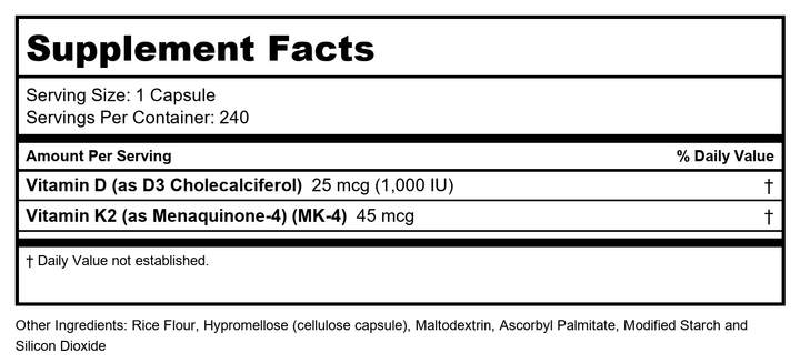 Now Supplements, Vitamin D3 &amp; K2, 1,000 IU/45 mcg, Plus Cardiovascular Support*, Supports Bone Health*, 240 Veg Capsules - Supplement Facts panel