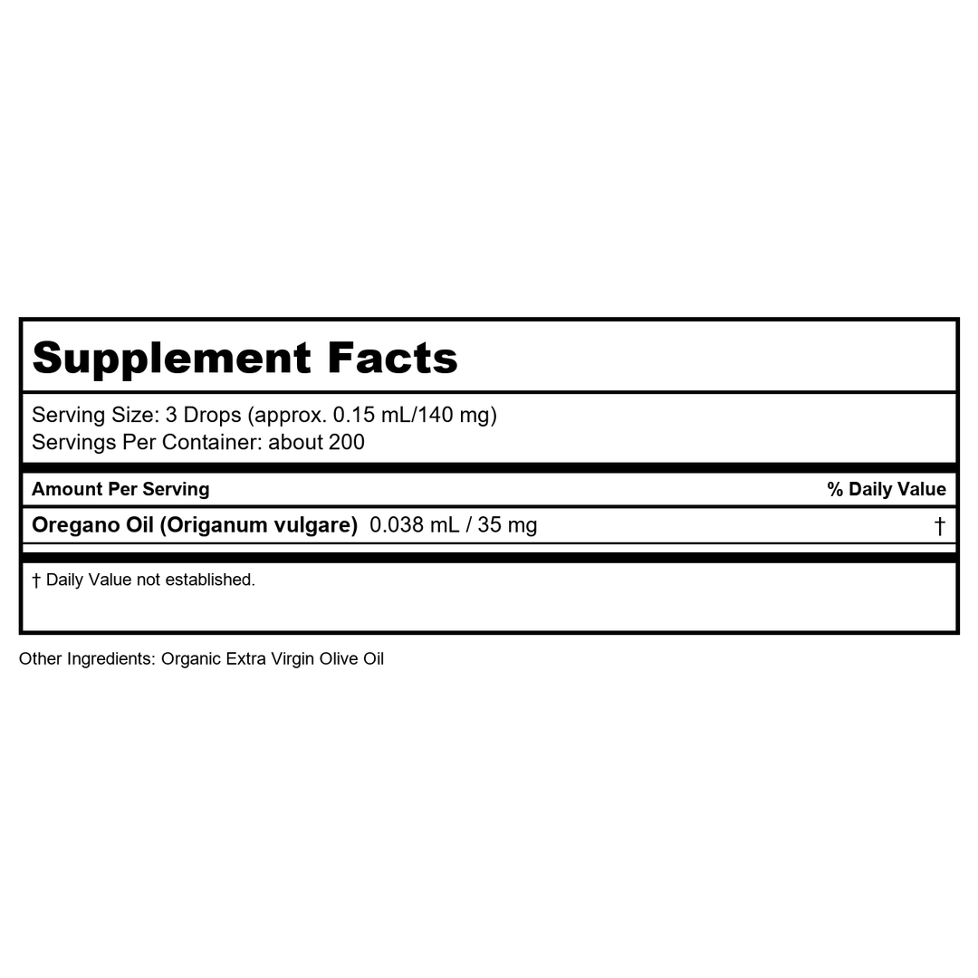 NOW Essential Oils, Oil of Oregano, 25% Blend of Pure Oregano Oil in Pure Olive Oil, Comforting Aromatherapy Scent, Steam Distilled, Vegan, Child Resistant Cap, 1-Ounce - Supplement Facts panel