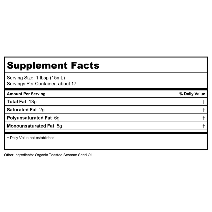 Ellyndale Toasted and Organic Sesame Seed Oil, 8.45 fl. oz. Glass Bottle, Non-GMO Project Verified - Supplement Facts panel