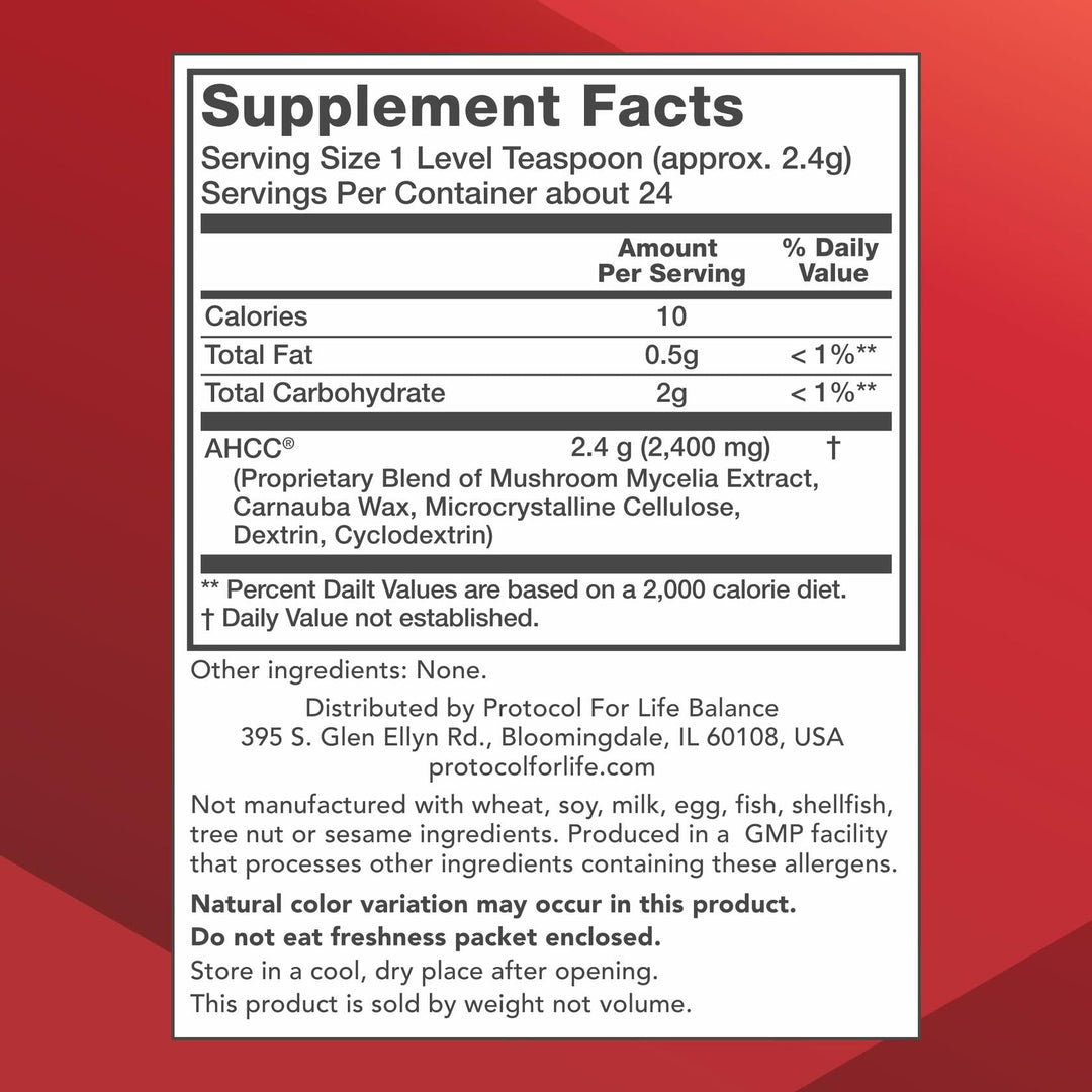 PROTOCOL FOR LIFE BALANCE AHCC Powder - Liver &amp; Immune Support Supplement* - May Also Aid Stress &amp; Healthy Cell Cycle Function* - Made with Mushroom Mycelia Extract - Vegan &amp; Dairy Free - 2 oz - Supplement Facts panel
