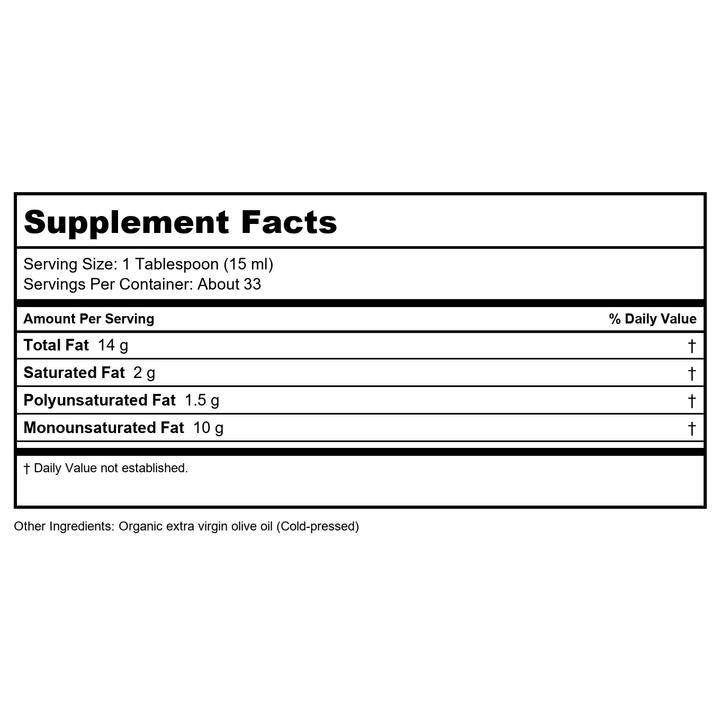 Elyndale Organics Organic Extra Virgin First Cold Pressed Imported Olive Oil  16. 9 Fl Oz - Supplement Facts panel