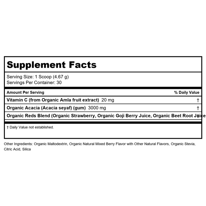 Zhou Organic Reds Powder - Red Powder Superfood with Beetroot, Super Fruits, Goji Berry, &amp; Tart Cherry, Antioxidant Support for Whole-Body Health - Natural Berry Flavor, 4.95 oz (30 Servings) - Supplement Facts panel