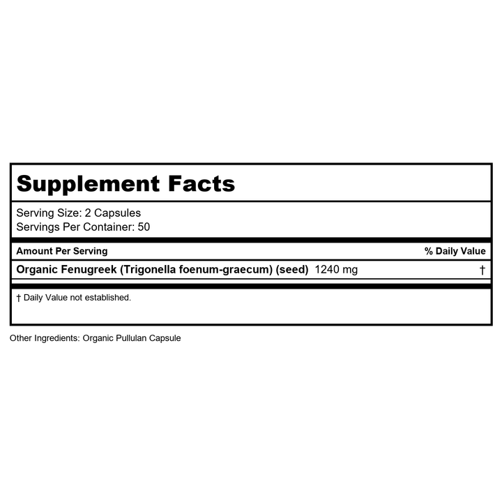 SOLARAY Organic Fenugreek Capsules 1240mg - Traditional Wellness Support Herbs - Made from Organic Fenugreek Seeds - USDA Organic, Vegan, Lab Verified, 60-Day Guarantee - 100 VegCaps, 50 Servings - Supplement Facts panel