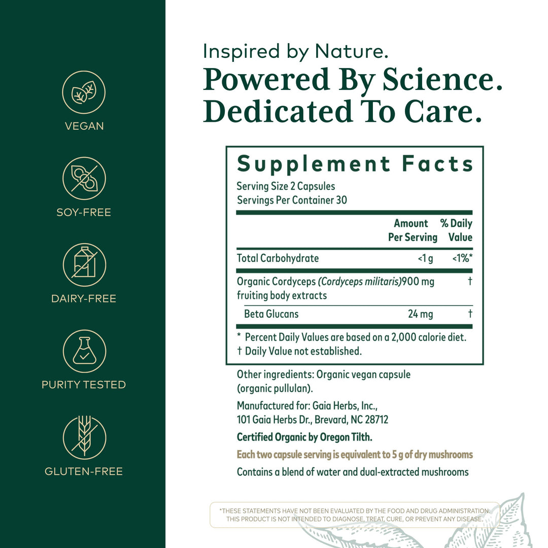 GAIA HERBS PRO Cordyceps Mushroom - 60 Caps - Supplement Facts panel