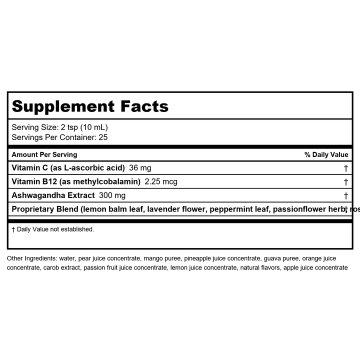 Floradix Ashwagandha Liquid Herbal &amp; Vitamin Formula - Herbal Supplement with Ashwagandha Extract, Vitamin C, B12 &amp; More - for Stress Support - Gentle to Digest - Vegan &amp; Non-GMO - 8.5 fl oz - Supplement Facts panel
