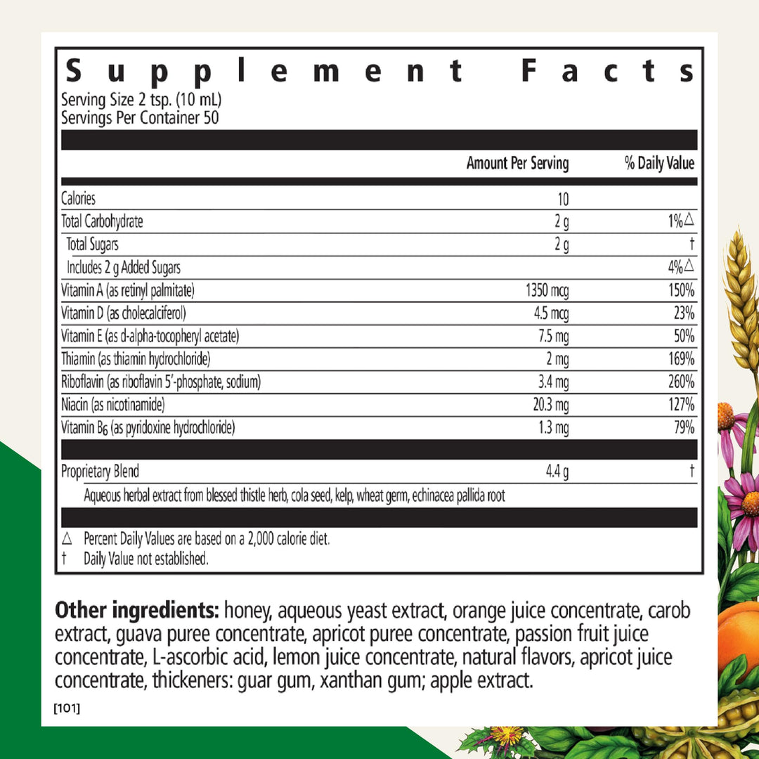 Floradix Epresat Adult Liquid Multivitamin - Herbal Supplement - Daily Supplement with Vitamin A, D, B6, Milk Thistle &amp; More - Supports Energy &amp; Liver Health - Vegetarian, Non-GMO - 16.9 fl oz - Supplement Facts panel
