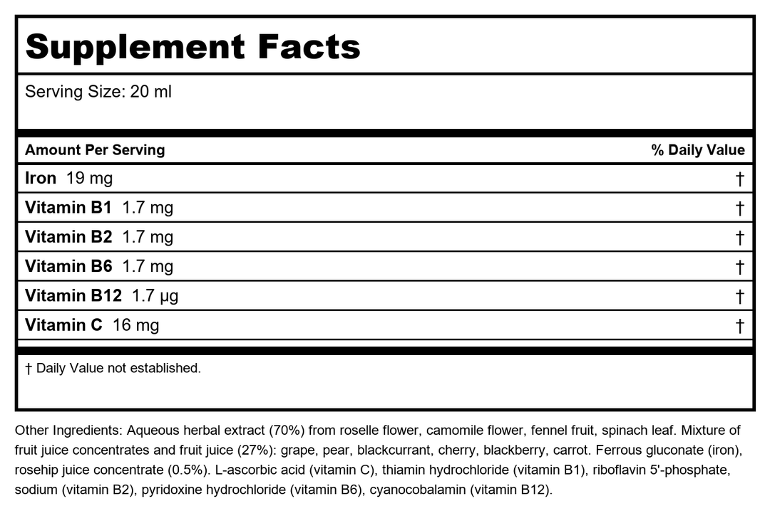 Floradix Floravital Liquid Iron &amp; Vitamin Formula - Liquid Iron Supplement with C &amp; B Vitamins &amp; Herbs for Energy Support - Vegan, Gluten-Free, Yeast-Free &amp; Non-GMO - 23.7 Fl Oz - Supplement Facts panel