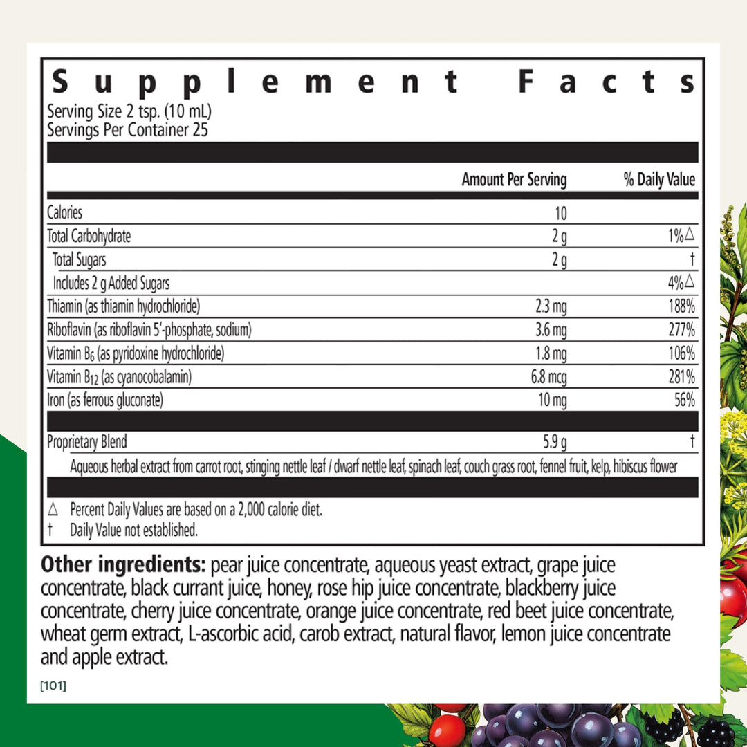 Floradix Iron &amp; Herbs - Liquid Herbal Supplement for Energy Support - Iron Supplement with Vitamin C &amp; Vitamin B Complex - for Men &amp; Women - 8.5 fl oz - Supplement Facts panel