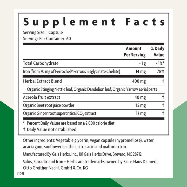 Floradix Iron + Herbs - Iron Supplement for Healthy Energy Support* - Supports Red Blood Cell Formation - Vegan, Non-GMO, Gluten-Free, Soy-Free - 60 Liquid Phyto-Caps - Supplement Facts panel