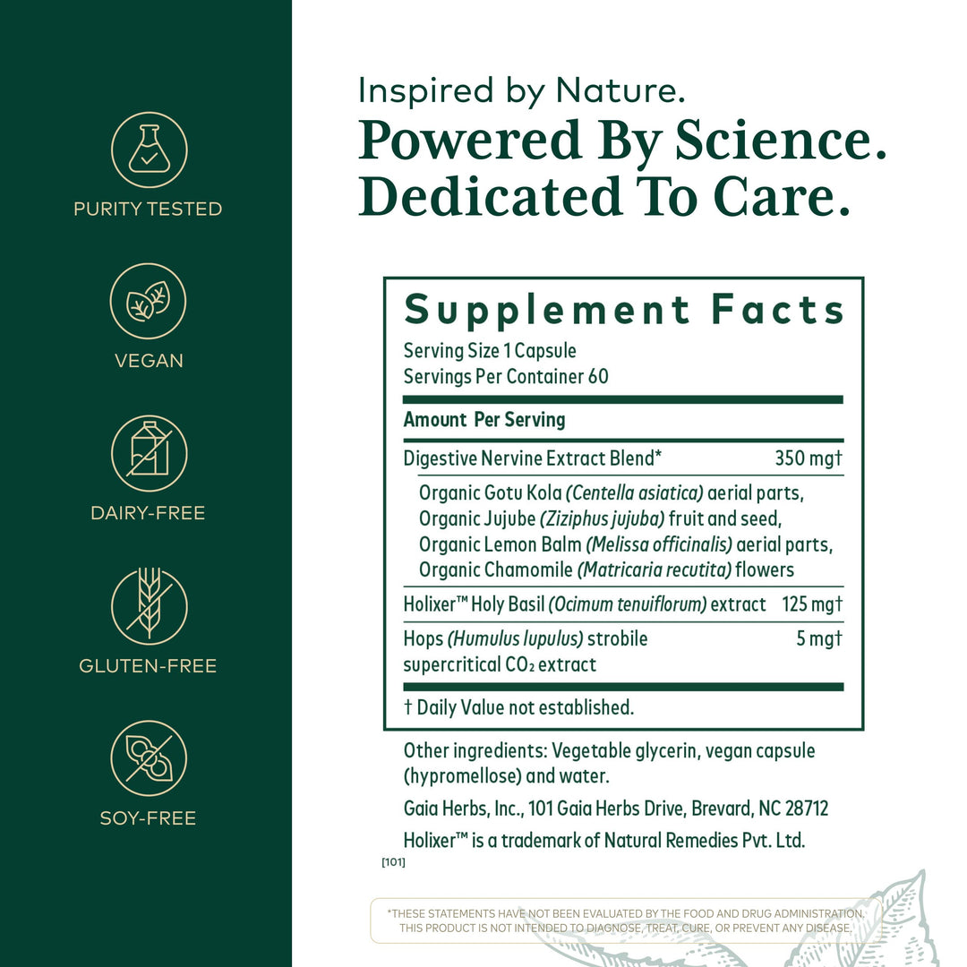 GAIA HERBS PRO GI Stress - Digestion Supplement for Times of Stress - Contains Holy Basil, Lemon Balm, Chamomile &amp; More - 60 Liquid Phyto-Caps - Supplement Facts panel