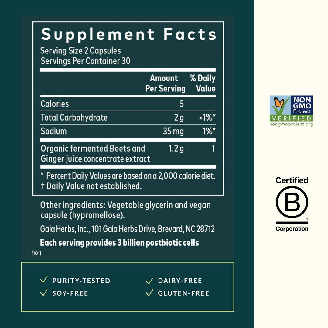 Gaia Herbs Ginger-Beet Postbiotic - Supplement for Gut &amp; Heart Health Support* - Made with Fermented Beets &amp; Ginger - Free from Dairy, Soy &amp; Gluten - 60 Vegan Liquid Phyto-Caps (30 Servings) - Supplement Facts panel