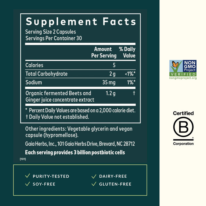 Gaia Herbs Ginger-Beet Postbiotic - Supplement for Gut &amp; Heart Health Support* - Made with Fermented Beets &amp; Ginger - Free from Dairy, Soy &amp; Gluten - 60 Vegan Liquid Phyto-Caps (30 Servings) - Supplement Facts panel