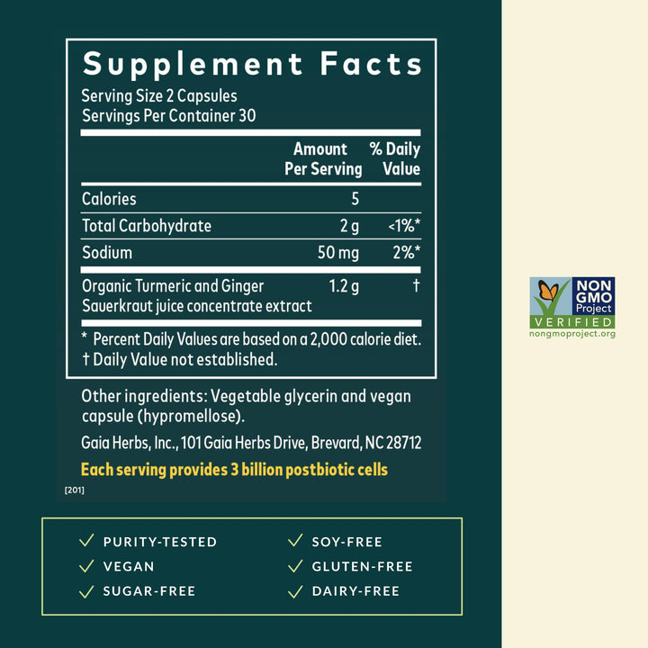 Gaia Herbs Ginger-Turmeric Postbiotic - Healthy Gut Support* - 60 Vegan Liquid Phyto-Caps (30 Servings) - Supplement Facts panel