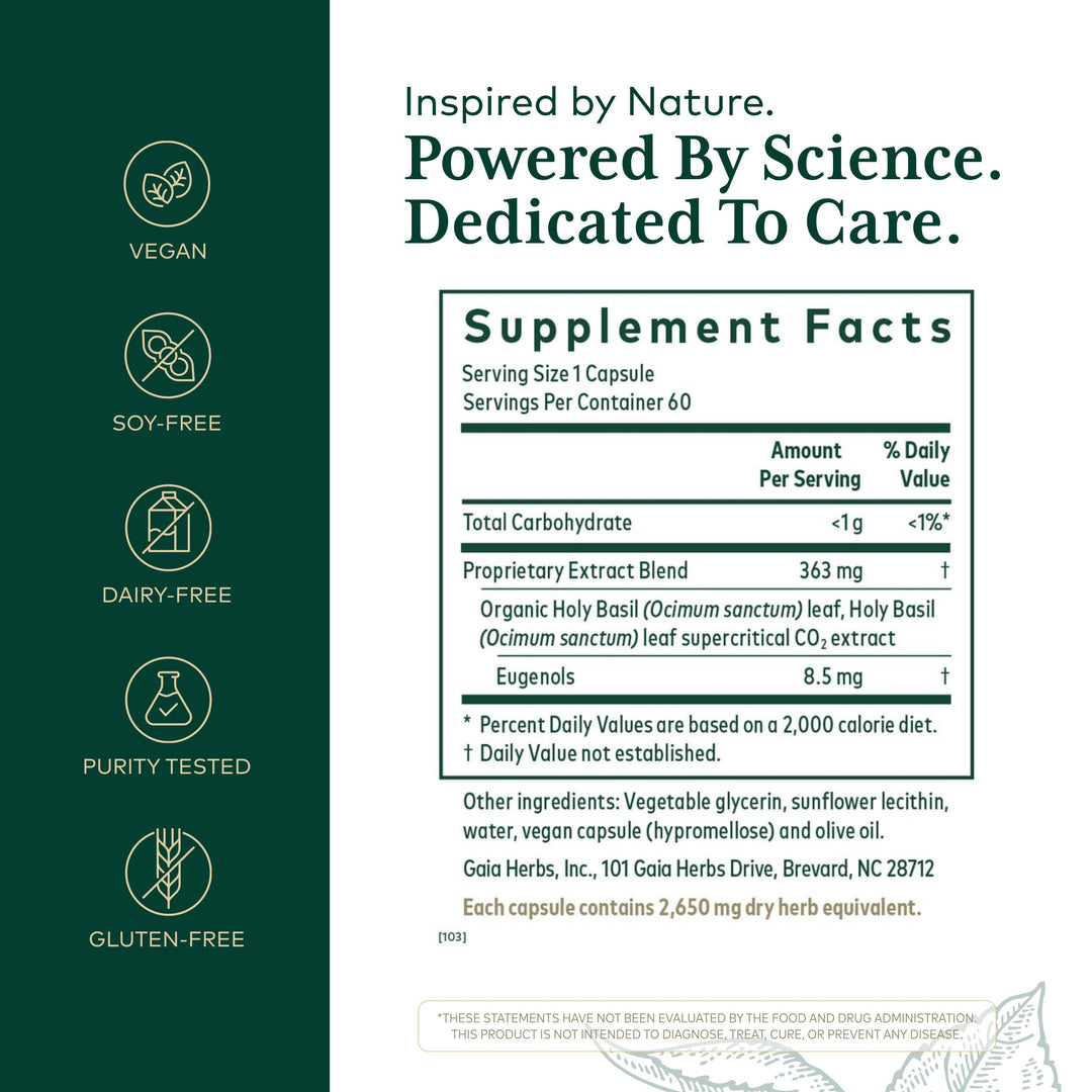 GAIA HERBS PRO Holy Basil - Stress Support Supplement - Contains Organic Holy Basil Leaf - Vegan, Gluten-Free &amp; Soy-Free - 60 Liquid Phyto-Caps (60 Servings) - Supplement Facts panel