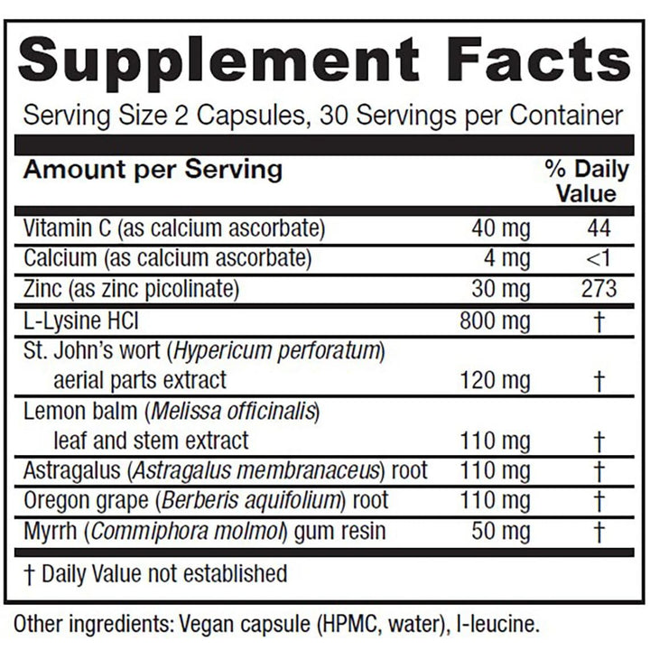 Vitanica Lysine Extra, Immune System Support, Vegan, 60 Count - Supplement Facts panel