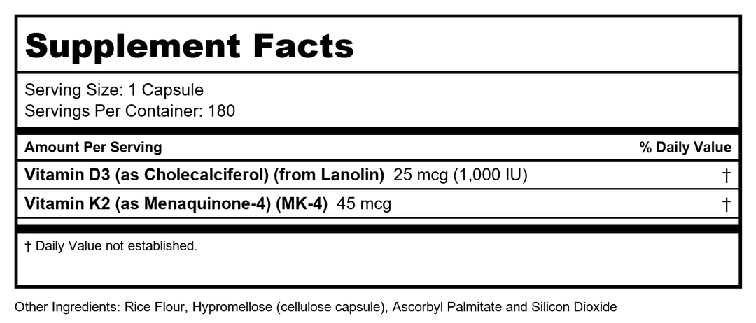 Now Supplements Vitamin D3 K2, 1,000 IU/45 mcg, Cardiovascular Support, Supports Bone Health, 180 Vegetarian Capsules - Vegan, Gluten Free, Kosher Vitamin D3 and K2 Supplements (2) - Supplement Facts panel