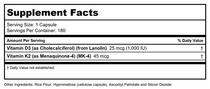 Now Supplements Vitamin D3 K2, 1,000 IU/45 mcg, Cardiovascular Support, Supports Bone Health, 180 Vegetarian Capsules - Vegan, Gluten Free, Kosher Vitamin D3 and K2 Supplements (2) - Supplement Facts panel