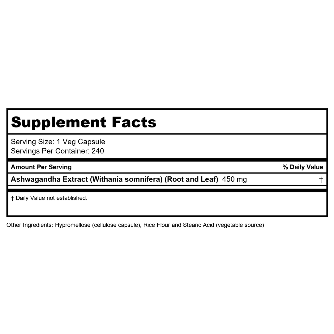 NOW Foods Ashwagandha Extract 450 mg Vegan, Kosher, Non-GMO - 240 Veg Capsules, - Supplement Facts panel