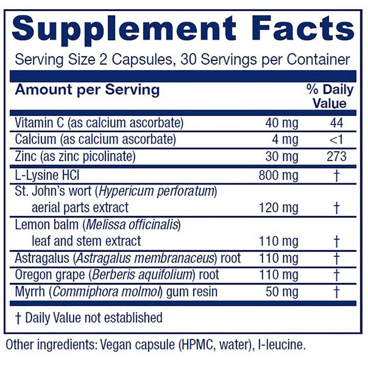 Vitanica Lysine Extra, Immune System Support, Vegan, 60 Capsules - Supplement Facts panel