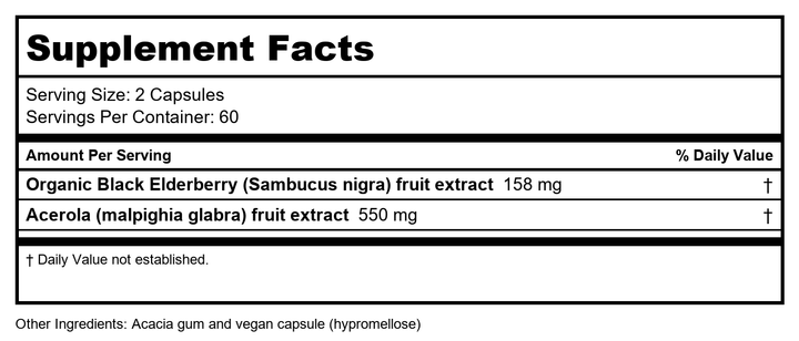 Gaia Herbs Black Elderberry - Daily Immune Support Supplement to Help Support Wellness - with Black Elderberries &amp; Acerola Fruit for Antioxidant Support* - 120 Vegan Capsules (60 Servings) - Supplement Facts panel