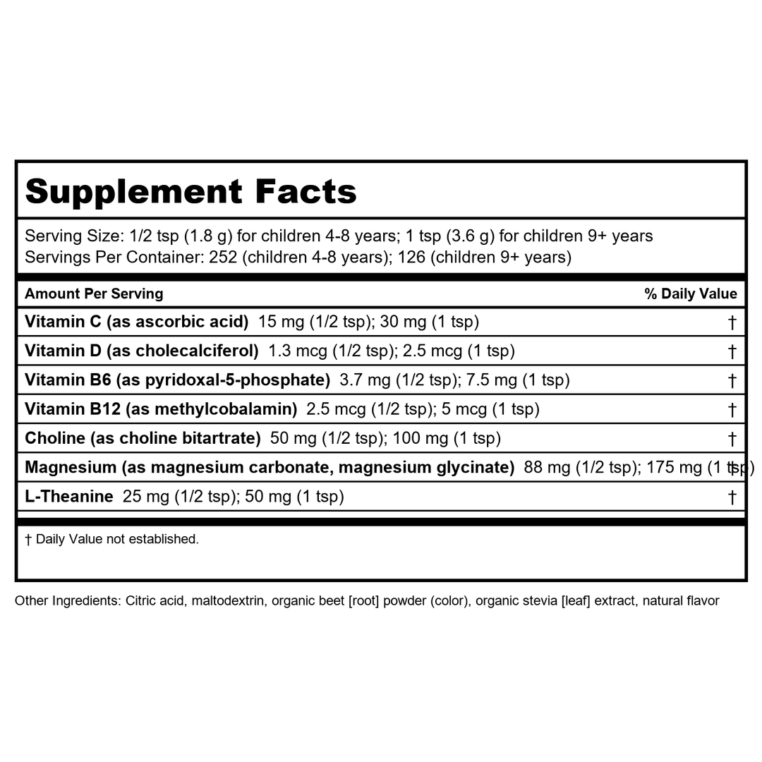 Natural Vitality Kids Calm Magnesium 16oz Powder | Mixed Berry Flavored Drink Mix Supplement | Supports a Balanced Mood and Healthy Development - Supplement Facts panel