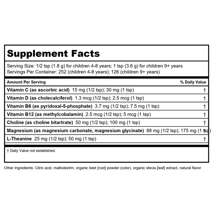 Natural Vitality Kids Calm Magnesium 16oz Powder | Mixed Berry Flavored Drink Mix Supplement | Supports a Balanced Mood and Healthy Development - Supplement Facts panel