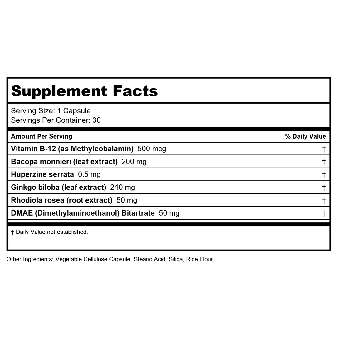 Zhou Neuro-Peak - Brain Supplements for Memory and Focus, Nootropic for Men &amp; Women, Brain Support Pill for Adults, Brain Vitamins - 30 Veggie Capsules (Pack of 1) - Supplement Facts panel