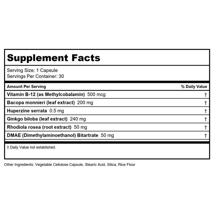 Zhou Neuro-Peak - Brain Supplements for Memory and Focus, Nootropic for Men &amp; Women, Brain Support Pill for Adults, Brain Vitamins - 30 Veggie Capsules (Pack of 1) - Supplement Facts panel