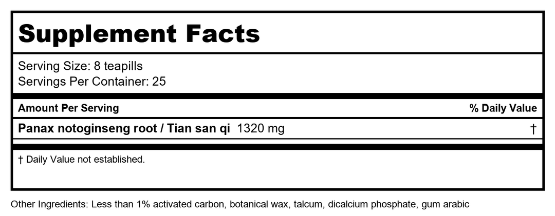 Plum Flower Tian Qi Teapills (200 Count)-MW3706 by MayWay - Supplement Facts panel