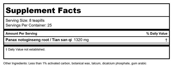 Plum Flower Tian Qi Teapills (200 Count)-MW3706 by MayWay - Supplement Facts panel