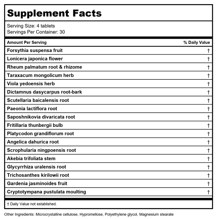 Lian Qiao Bai Du Pian, 120 ct, Plum Flower by MayWay - Supplement Facts panel