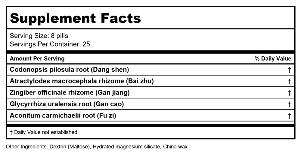 Plum Flower Fu Zi Li Zhong Wan, 200 ct, Min Shan by MayWay - Supplement Facts panel