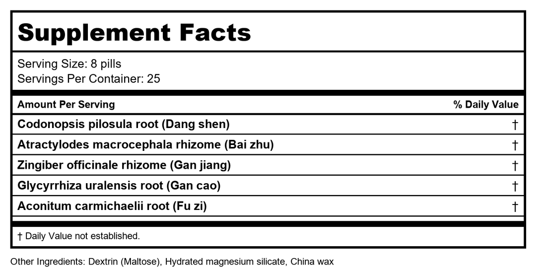 Plum Flower Fu Zi Li Zhong Wan, 200 ct, Min Shan by MayWay - Supplement Facts panel